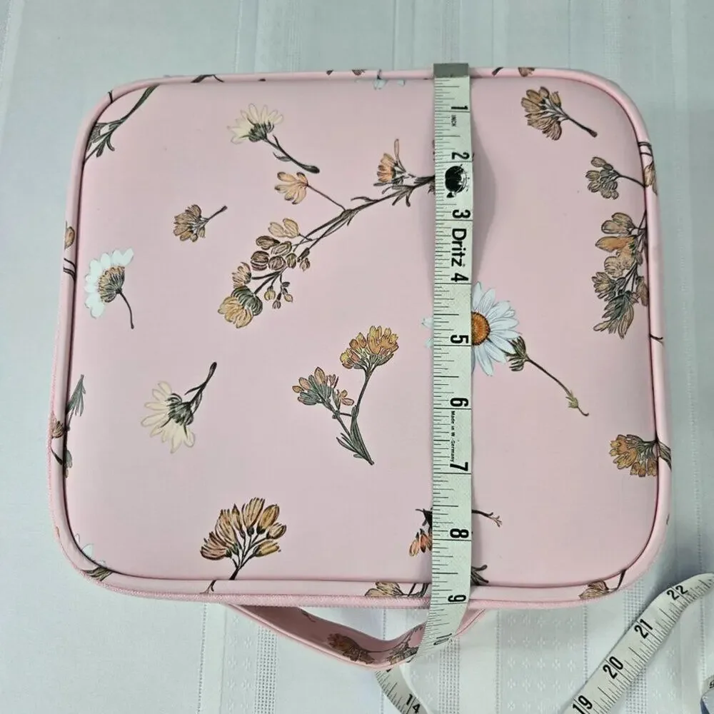 Makeup Cosmetic Case with Moveable Dividers Zipper & Pouches Pink w/Daisies